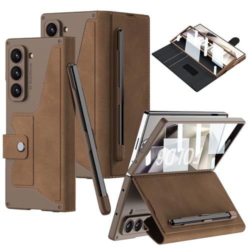 CUBTEM für Samsung Galaxy Z Fold 6 Hülle mit S Pen Slot & Ständer, Kartenfach, Magnetische Schnalle Scharnierabdeckung Schutz, Displayschutzfolie, Stoßfeste Schutzhülle Case Handyhülle(Braun) von CUBTEM