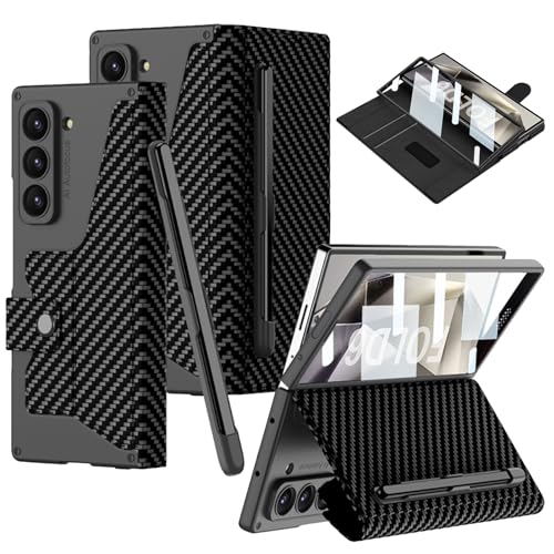 CUBTEM Case for Samsung Galaxy Z Fold 6 with S Pen Slot & Stand, Card Slot, Magnetic Buckle Hinge Cover Protection, Screen Protector, Shockproof Protective Case Mobile Phone Case (Kohlefaser Schwarz) von CUBTEM