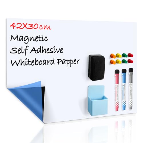 CUHIOY Whiteboard Folie Magnetisch Selbstklebend A3 für jede glatte Oberfläche, mit neuer schmutzabweisender Technologie, Einkaufsliste Kühlschrank, Notiztafel Büro, inkl 3 Whiteboard-Stiften von CUHIOY