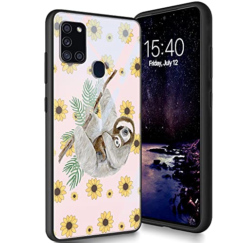 Schutzhülle aus gehärtetem Glas, entworfen für Galaxy A21S, weiches Silikon, TPU, kratzfest, kompatibel mit Samsung Galaxy A21S 6,5 Zoll (2020), Mutter- und Kind-Faultier von CUISHAN