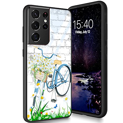 Schutzhülle aus gehärtetem Glas für Galaxy S21 Ultra, weiches Silikon, TPU-Stoßdämpfer, kratzfest, kompatibel mit Samsung Galaxy S21 Ultra 17,3 cm (6,8 Zoll) (2021), Blumenfahrrad von CUISHAN