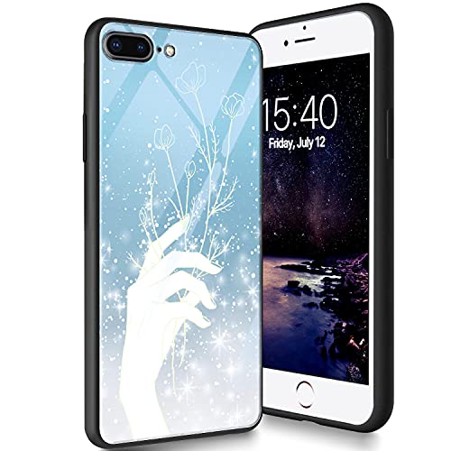 Schutzhülle aus gehärtetem Glas für iPhone 8 Plus/7 Plus, weiches Silikon, TPU-Stoßdämpfer, kratzfest, kompatibel mit Apple iPhone 8 Plus/7 Plus, 14 cm (5,5 Zoll), Handblumen von CUISHAN