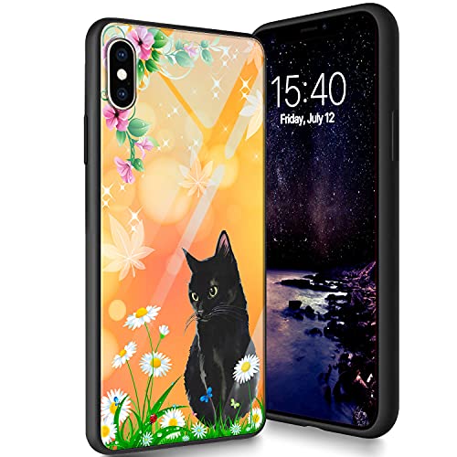 Schutzhülle aus gehärtetem Glas für iPhone Xs Max, weiches Silikon, TPU-Stoßdämpfer, kratzfest, kompatibel mit Apple iPhone Xs Max 6,5 Zoll (2018), schwarze Katze von CUISHAN