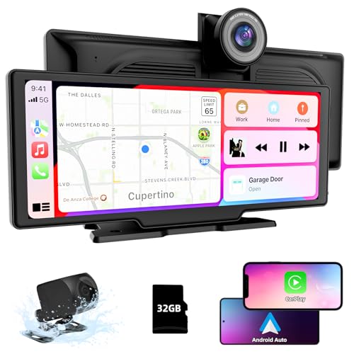 10,26 Zoll Tragbares Autoradio mit Wireless Apple CarPlay & Android Auto, 2.5K Front-Kamera, Rückfahrkamera, Bluetooth, Mirror Link, FM Transmitter, AUX Kabel, TF Karte von CUQI