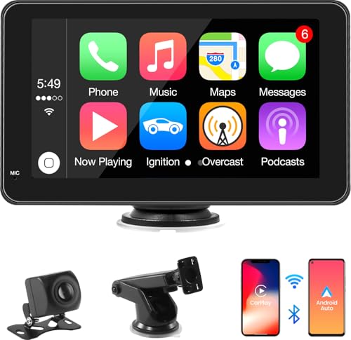 Wireless Apple CarPlay & Android Auto, 7 Zoll Tragbares CarPlay Display mit 720P Rückfahrkamera, Unterstützt Bluetooth, Airplay/Mirror Link, Siri/Google-Sprachsteuerung, GPS, FM, AUX von CUQI