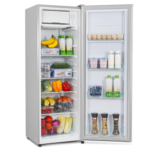 CURECURE Kühlschrank mit Mikro-Gefrierfach, 138 L Gesamtrauminhalt, 133 L Kühlen, 5 L Gefrieren, 4 Glasablagen mit Gemüsefach, Temperaturregelung, Schnellkühlfunktion (Silber) von CURECURE