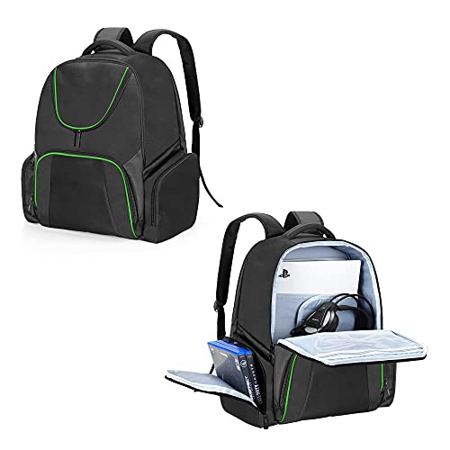 CURMIO Tragebar Rucksack für Xbox Series S, Xbox One, Xbox 360, PS5, PS4 und PS4 Pro, Tragetasche für Gaming Konsolen, Reisetasche für Controller und Zubehör (Leere Tasche), Grüne Streifen von CURMIO