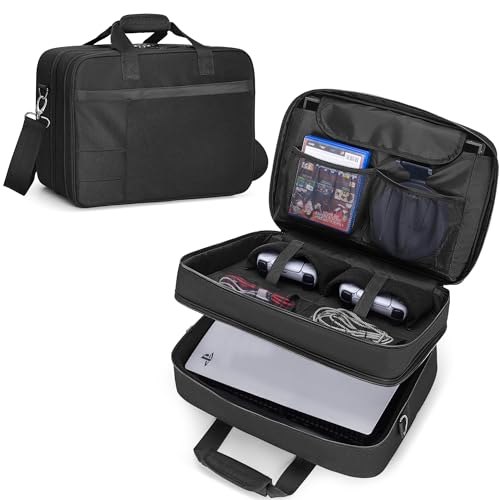 CURMIO Tragetasche kompatibel mit PS5, PS5 Slim, PS4 Spielkonsole, Reisetasche für Konsole, Controller, Spiel-Discs und Anderes Zubehör, Schwarz (Nur Tasche) von CURMIO