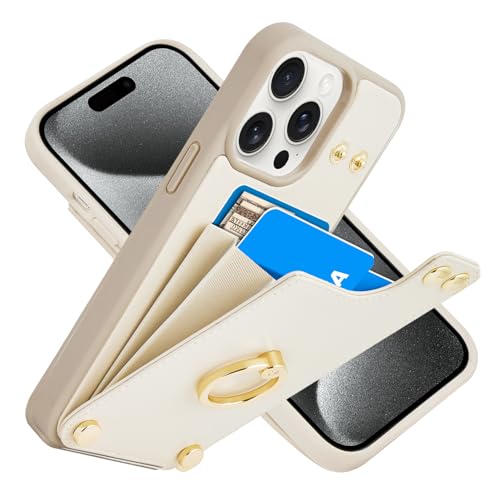 CUSTYPE Hülle für iPhone 12 Pro Hülle iPhone 12 Handyhülle【Mikrofaser-Leder】【Kartenfach】【Ringständer】 RFID Schutzhülle Lederhülle Tasche Etui Hülle iPhone 12 & iPhone 12 Pro Hülle Beige 6,1” von CUSTYPE