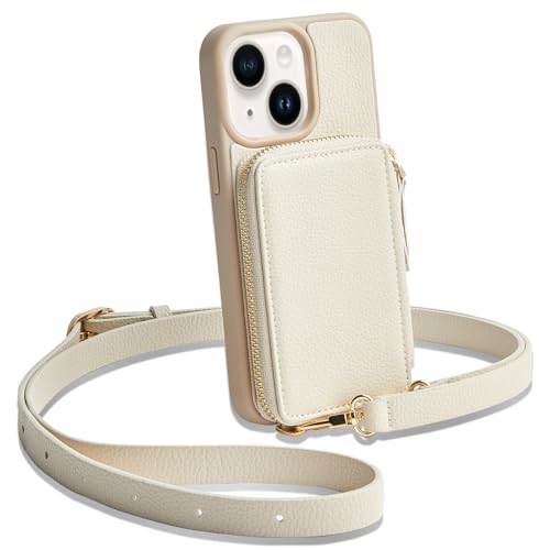 CUSTYPE iPhone 13 Hülle, Handyhülle iPhone 13 mit Geldbörse, iPhone 13 Leder Hülle mit Kartenfach und Band, iPhone 13 Hülle Beige 6,1” von CUSTYPE