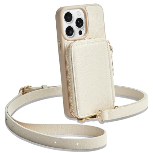 CUSTYPE iPhone 14 Pro Hülle Leder Handyhülle iPhone 14 Pro Hülle mit Band und Kartenfach, Handykette Hülle Apple iPhone 14 Pro Beige 6,1” von CUSTYPE