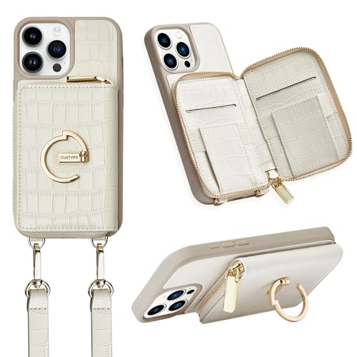 CUSTYPE iPhone 15 Pro Hülle, Handyhülle iPhone 15 Pro Hülle mit Band Hülle aus Mikrofaserleder mit Geldbörse und Ständer, Handykette Hülle Apple iPhone 15 Pro Beige 6,1” von CUSTYPE