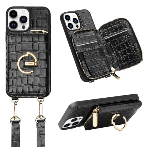 CUSTYPE iPhone 15 Pro Hülle, Handyhülle iPhone 15 Pro Hülle mit Band Hülle aus Mikrofaserleder mit Geldbörse und Ständer, Handykette Hülle Apple iPhone 15 Pro Schwarz 6,1” von CUSTYPE