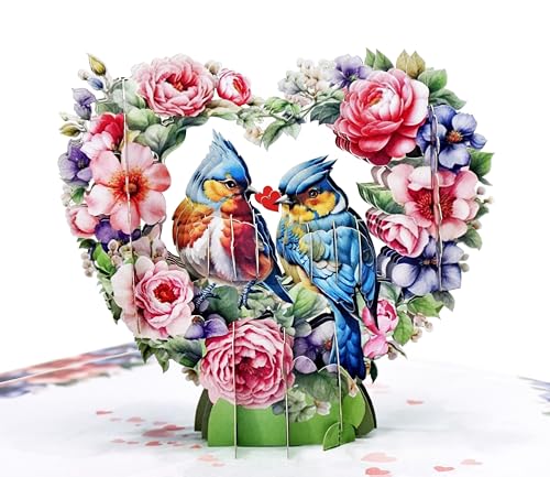 CUTPOPUP Blumen Herz mit Blue Jay Paar - 3D Karte Liebe, Hochzeitskarte, Valentinskarte, Karte Hochzeitstag, Geburtstagskarte Frau für Ehemann, Ehefrau, Sie, Ihn, Paar (BlueJay Couple) US8LO179DE von CUT POPUP.COM