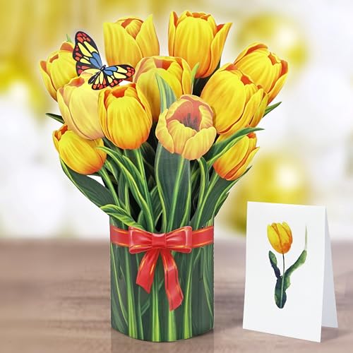 CUTPOPUP Gelber Tulpenstrauß - Geburtstagskarte Frau, Muttertagskarte Pop-Up, 15.5x20.5cm Blumen 3D geburtstagskarten für Ehefrau, Tochter, Ihr, Mutter (Yellow Tulip Bouquet SM) US8-73.SMDE von CUT POPUP.COM