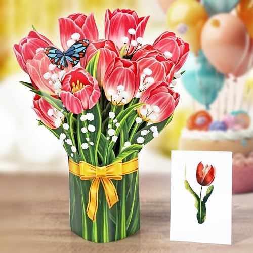 CUTPOPUP Tulpenstrauß- Geburtstagskarte Frau, Muttertagskarte Pop-Up, 15.5x20.5cm Blumen 3D geburtstagskarten für Ehefrau, Tochter, ihr Mädchen, Schwester, Mutter (Tulip SM) US8-66.SMDE von CUT POPUP.COM