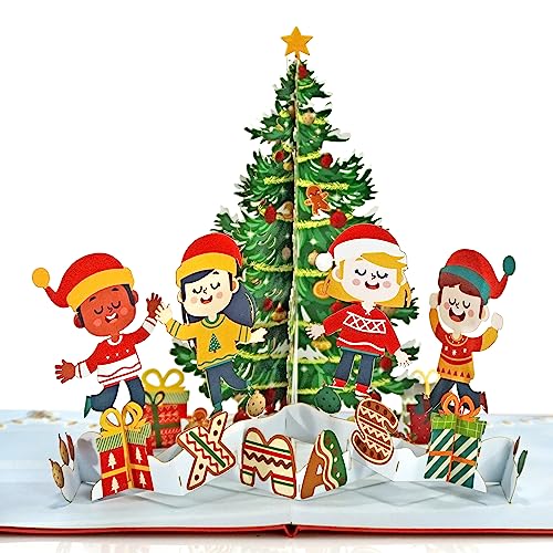 CUTPOPUP Weihnachten mit Kindern, Merry Christmas, Weihnachtsgrußkarte – Überraschungsgeschenk zu Weihnachten, 3D-Weihnachtskarte, Feiertagsgruß-Weihnachtskarte (Xmas Tree and Children) US8-46DE1515 von CUT POPUP.COM