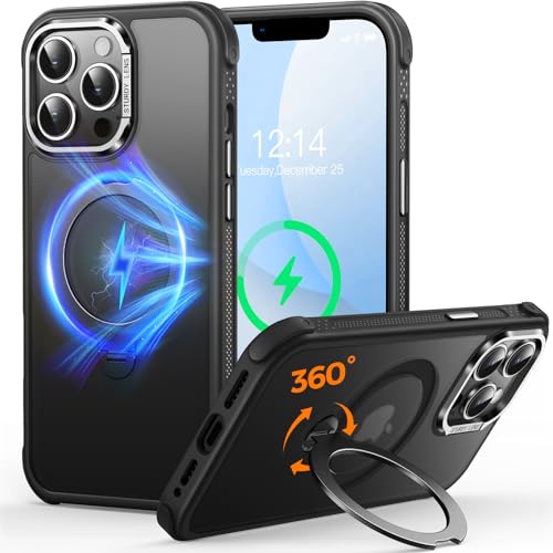 CUTELFON O3 Mag-Stand Entwickelt für iPhone 13 Pro Max Hülle mit 360°Ständer,[Kompatibel mit Mag-Safe][Super Skin Feeling] Durchscheinende Matte Magnetische Schlanke Handyhülle 6,7",Matt Schwarz von CUTELFON