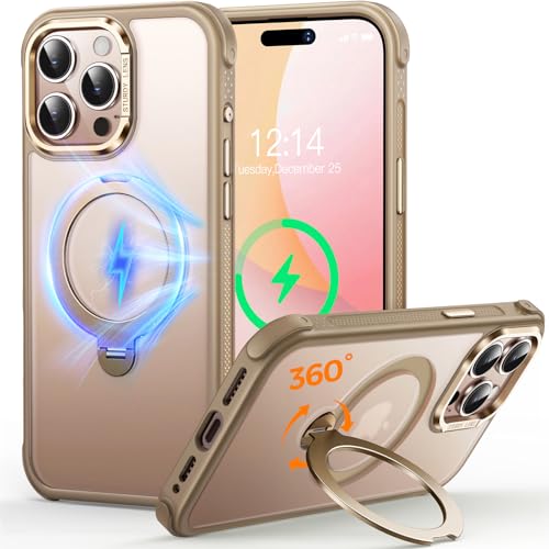 CUTELFON O3 Mag-Stand Entwickelt für iPhone 15 Pro Max Hülle mit 360°Ständer,[Kompatibel mit Mag-Safe][Super Skin Feeling] Durchscheinende Matte Magnetische Schlanke Handyhülle 6,7",Matt Gold von CUTELFON
