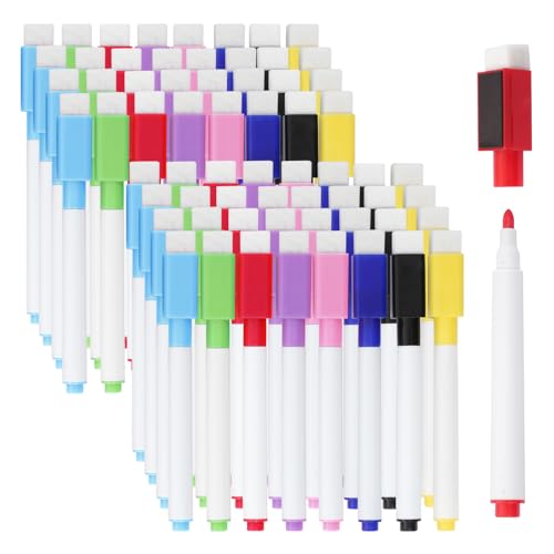 CUWELT 64 Stück Whiteboard Marker, 8 Farbe Magnetische Whiteboard Stifte Bunt mit Radiergummi, Trocken Abwischbar Whiteboard Marker Magnetisch, Feine Spitze Dry Erase Marker für Fenster, Glas von CUWELT