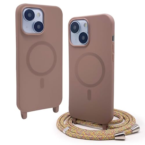 CUZZCASE Silikon Schutzhülle kompatibel mit iPhone 14(6.1"),Kabellosem Laden,Silikon Stylische Verstellbarer Halskette Handyhülle-braun von CUZZCASE