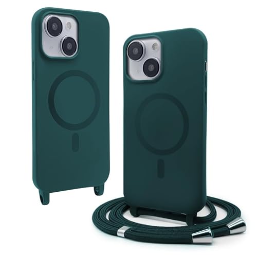 CUZZCASE Silikon Schutzhülle kompatibel mit iPhone 14 Max(6.7"),Kabellosem Laden,Silikon Stylische Verstellbarer Halskette Handyhülle-Dunkelgrün von CUZZCASE