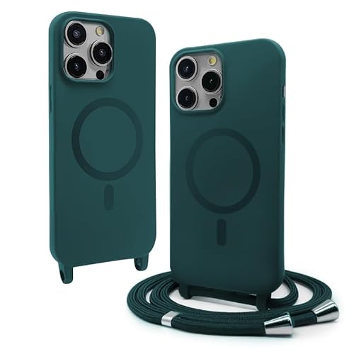 CUZZCASE Silikon Schutzhülle kompatibel mit iPhone 14 Pro(6.7"),Kabellosem Laden,Silikon Stylische Verstellbarer Halskette Handyhülle-Dunkelgrün von CUZZCASE