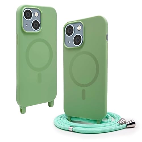 CUZZCASE Silikon Schutzhülle kompatibel mit iPhone 15(6.1"),Kabellosem Laden,Silikon Stylische Verstellbarer Halskette Handyhülle-Grasgrün von CUZZCASE