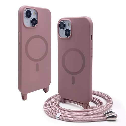 CUZZCASE Silikon Schutzhülle kompatibel mit iPhone 15(6.1"),Kabellosem Laden,Silikon Stylische Verstellbarer Halskette Handyhülle-Lotus Farbe von CUZZCASE