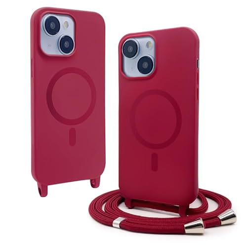 CUZZCASE Silikon Schutzhülle kompatibel mit iPhone 15(6.1"),Kabellosem Laden,Silikon Stylische Verstellbarer Halskette Handyhülle-Rot von CUZZCASE