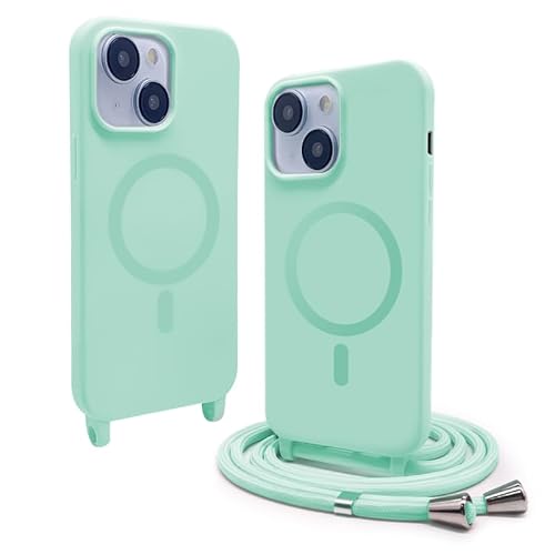 CUZZCASE Silikon Schutzhülle kompatibel mit iPhone 15 Plus(6.7"),Kabellosem Laden,Silikon Stylische Verstellbarer Halskette Handyhülle-Hellgrün von CUZZCASE