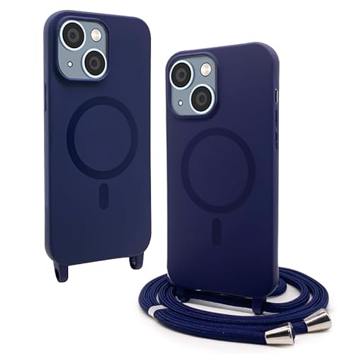 CUZZCASE Silikon Schutzhülle kompatibel mit iPhone 15 Plus(6.7"),Kabellosem Laden,Silikon Stylische Verstellbarer Halskette Handyhülle-Marineblau von CUZZCASE