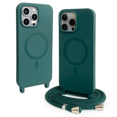 CUZZCASE Silikon Schutzhülle kompatibel mit iPhone 15 Pro(6.1"),Kabellosem Laden,Silikon Stylische Verstellbarer Halskette Handyhülle-Dunkelgrün von CUZZCASE