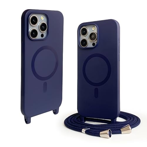 CUZZCASE Silikon Schutzhülle kompatibel mit iPhone 15 Pro Max(6.7"),Kabellosem Laden,Silikon Stylische Verstellbarer Halskette Handyhülle-Marineblau von CUZZCASE