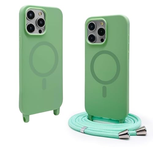 CUZZCASE Silikon Schutzhülle kompatibel mit iPhone 16(6.1"),Kabellosem Laden,Silikon Stylische Verstellbarer Halskette Handyhülle-Grasgrün von CUZZCASE
