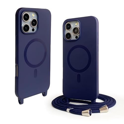 CUZZCASE Silikon Schutzhülle kompatibel mit iPhone 16 Pro(6.3"),Kabellosem Laden,Silikon Stylische Verstellbarer Halskette Handyhülle-Marineblau von CUZZCASE