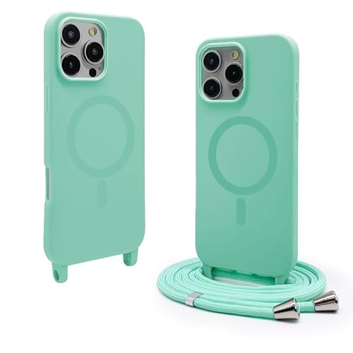 CUZZCASE Silikon Schutzhülle kompatibel mit iPhone 16 Pro Max(6.9"),Kabellosem Laden,Silikon Stylische Verstellbarer Halskette Handyhülle-Hellgrün von CUZZCASE