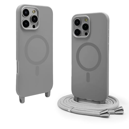 CUZZCASE Silikon Schutzhülle kompatibel mit iPhone 16 Pro Max(6.9"),Kabellosem Laden,Silikon Stylische Verstellbarer Halskette Handyhülle-grau von CUZZCASE