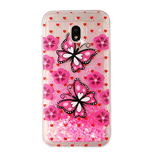 CUagain Kompatibel für Samsung Galaxy J3 2017 Hülle Silikon Glitzer Flüssig 3D Transparent Wasser Hüllen Durchsichtig Bling Bumper Handyhülle Case Cover Mädchen Damen,Rosa Schmetterling von CUagain