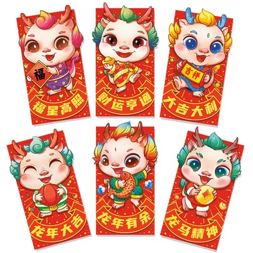 Chinesische Neujahrsumschläge 2024, Drachenjahr, Frühlingsfest, Hongbao, Papier-Geldtüten für Kinder und Erwachsene, 6 Stück von CVZQTE