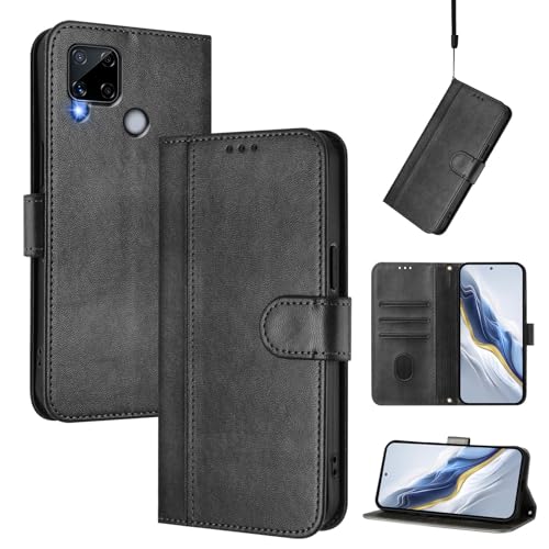 CWEIYUSHU Cover Kompatibel mit Realme 7i (Global) / C12 / C15 / C25 / C25s,Kompatibel mit Realme Narzo 30A / Narzo 20 Kartenschlitz Brieftasche Lanyard Handytasche Black von CWEIYUSHU