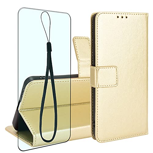 CXKJ Lederhülle + Gehärtetes Schutzfolie für Motorola Moto E22,Leder Flip Case Brieftasche Etui Schutzhülle Handyhülle,9H Gehärtetes Glas Film für Motorola Moto E22 - Golden von CXKJ