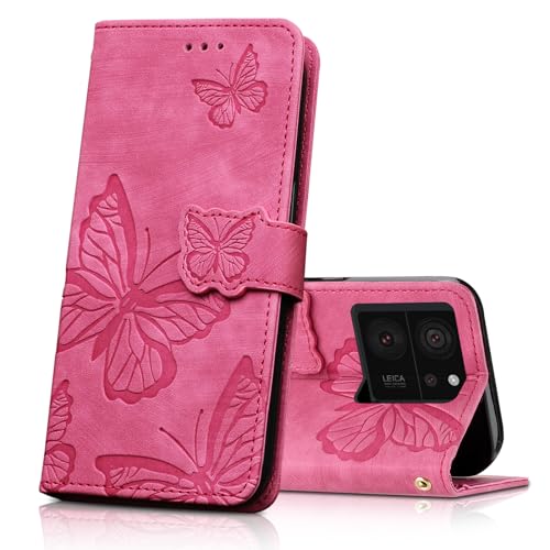 CXTcase Handyhülle für Xiaomi 13T / Xiaomi 13T Pro Hülle,Schutzhülle Flip Case für Xiaomi 13T,PU Leder Magnetische Schmetterlings Lederhülle Tasche für Xiaomi 13T Pro,Rosenrot von CXTcase