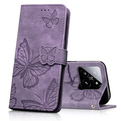 CXTcase Handyhülle für Xiaomi 14 Hülle,Schutzhülle Flip Case für Xiaomi 14,PU Leder Magnetische Schmetterlings Lederhülle Tasche für Xiaomi 14,Lila von CXTcase
