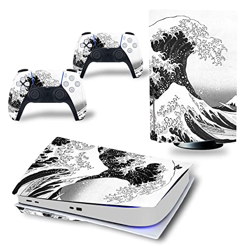 Skin Sticker für PS5 Disc Edition Konsole und Wireless Controller, Vollschutz Skin Set Vinyl Decal Cover Wrap für PS5 Disc Edition (White Sea Wave) von CXWITHY