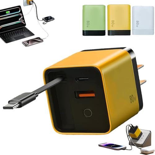 3 in 1 GaN Ladegerät, Zurückziehbarer Handy-Ladeadapter für die Wand mit Skalierbarem Max-80W-Schnellladungsmodul, USB-C-Kabel und 2 USB-Ports für iPhone, Smartphones, Laptops (Gelb) von CXYP