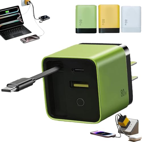 3 in 1 GaN Ladegerät, Zurückziehbarer Handy-Ladeadapter für die Wand mit Skalierbarem Max-80W-Schnellladungsmodul, USB-C-Kabel und 2 USB-Ports für iPhone, Smartphones, Laptops (Grün) von CXYP