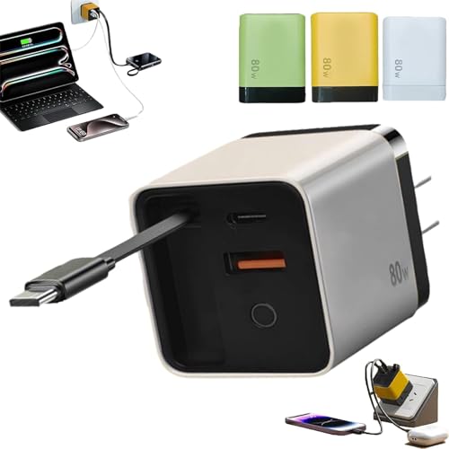 3 in 1 GaN Ladegerät, Zurückziehbarer Handy-Ladeadapter für die Wand mit Skalierbarem Max-80W-Schnellladungsmodul, USB-C-Kabel und 2 USB-Ports für iPhone, Smartphones, Laptops (Weiß) von CXYP