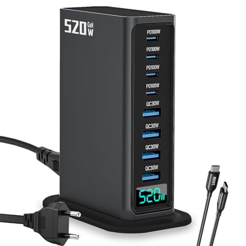 520W USB C Ladegerät, 8-Ports USB Schnellladegerät Mehrfach mit 4 USB-C 100W und 4 USB-A QC30W,USB C Netzteil Charger für Smartphones，Laptops, 3C-Produkte(Dunkles Silber) von CXYP
