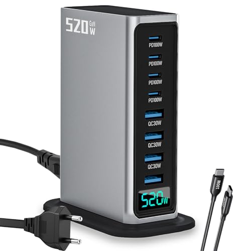 520W USB C Ladegerät, 8-Ports USB Schnellladegerät Mehrfach mit 4 USB-C 100W und 4 USB-A QC30W,USB C Netzteil Charger für Smartphones，Laptops, 3C-Produkte (Silbrig) von CXYP